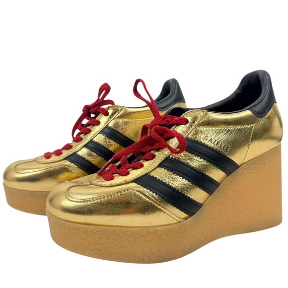 Gucci x Adidas Gazelle Leather Wedge Sneakers Lace Up Gold Size 37 - Picture 3 of 10